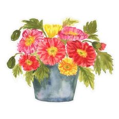 Red Pink Yellow Watercolor Poppies in Pot Print and Cut
