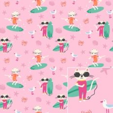 Summer Fun Surfing Cats Pink Printable Pattern