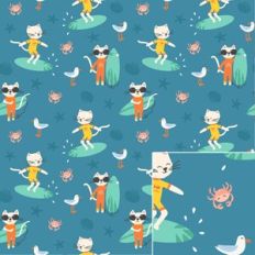 Summer Beach Fun Cats Surfing Teal Printable Pattern