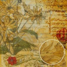 ochre vintage ephemera background with sketched daisies, butterfly details, postcard elements, and faded script for mixed media and paper crafts