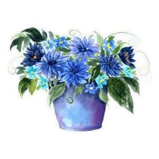 Blue Watercolor Flowers in Pot Floral Arrangement Print and Cut