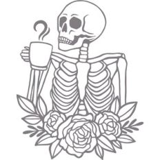 floral skeleton drinking coffee