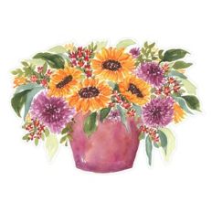Fall Watercolor Sunflowers Dahlias Flowers in Bucket Print and Cut