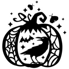halloween crow in pumpkin with bat and moth