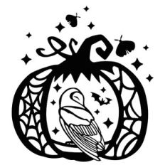 halloween owl in pumpkin with bat and moth