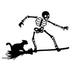 Skeleton And Black Cat Surfing With Flying Broom