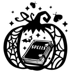Halloween pumpkin with cobwebs, bat and book of spells