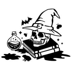 Halloween scene with books, skull, potion, bat and frog