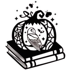 Halloween pumpkin with cobwebs and white owl on books