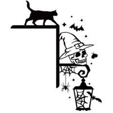 halloween door corner with cat and skull
