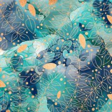 Blue and Turquoise Alcohol Ink and Gold Glitter Leaf Background Patter
