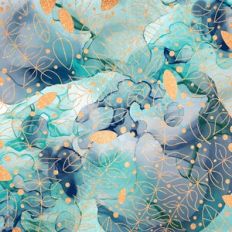 Teal Alcohol Ink and Gold Glitter Leaf Background Pattern