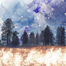Blue Alcohol Ink Forest Background Pattern With Gold Celestial Glitter