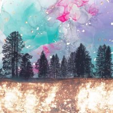 Alcohol Ink Forest Background Pattern With Gold Celestial Glitter Bord