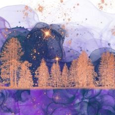 Purple Alcohol Ink and Gold Glitter Forest Background Pattern