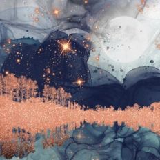 Blue Alcohol Ink and Gold Glitter Forest Background Pattern