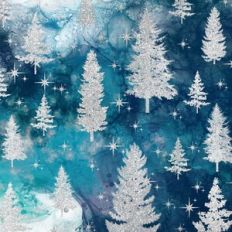 Teal Alcohol Ink and Silver Glitter Christmas Trees Background Pattern