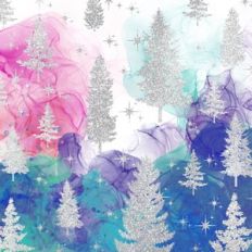 Alcohol Ink and Silver Glitter Christmas Trees Background Pattern