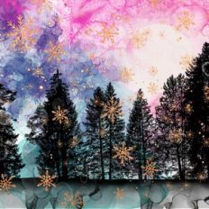 Alcohol Ink and Gold Glitter Snowflake Forest Background Pattern