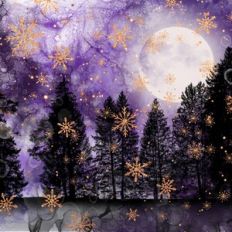 Purple Alcohol Ink and Gold Glitter Snowflake Forest Background Patter
