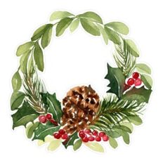 Watercolor Holly Berries Mistletoe Pine Christmas Wreath Print and Cut