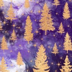 Purple Alcohol Ink and Gold Glitter Christmas Trees Background Pattern
