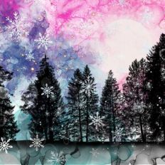 Rainbow Alcohol Ink and Silver Glitter Snowflakes Forest Background Pa
