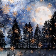 Blue Alcohol Ink and Gold Glitter Snowflakes Forest Background Pattern