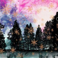 Rainbow Alcohol Ink and Gold Glitter Snowflakes Forest Background Patt