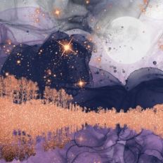Purple Alcohol Ink and Gold Glitter Forest Background Pattern