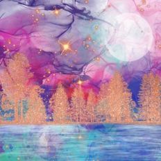 Rainbow Alcohol Ink and Gold Glitter Forest Background Pattern