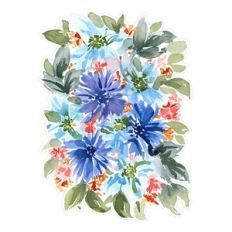 Watercolor Blue Coral Pink Flower Arrangement Print and Cut
