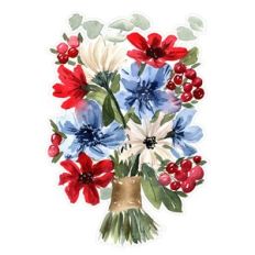 Watercolor Winter Floral Red White Blue Bouquet Print and Cut