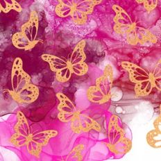 Pink Alcohol Ink and Gold Glitter Butterfly Background Pattern