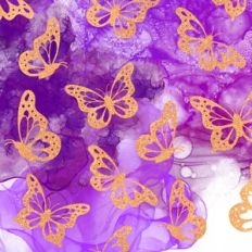 Purple Alcohol Ink and Gold Glitter Butterfly Background Pattern