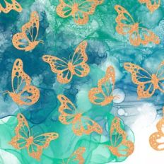 Teal Alcohol Ink and Gold Glitter Butterfly Background Pattern