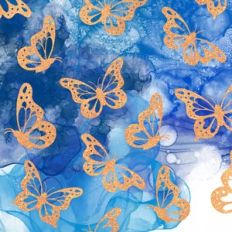 Blue Alcohol Ink and Gold Glitter Butterfly Background Pattern
