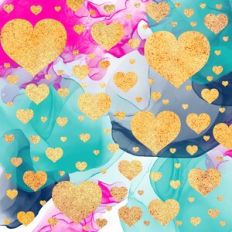 Alcohol Ink and Gold Glitter Hearts Background Pattern