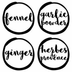 pantry labels: fennel, garlic, ginger, herbes de provence