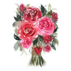 Red Pink Watercolor Roses Bouquet for Valentines Mothers Day Print and