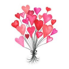 Whimsical Watercolor Floating Valentines Red Pink Hearts Print and Cut