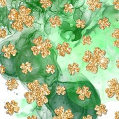 Green Alcohol Ink with Gold Glitter Shamrocks Background Pattern