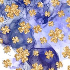 Blue Alcohol Ink with Gold Glitter Shamrocks Background Pattern
