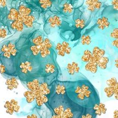 Teal Alcohol Ink with Gold Glitter Shamrocks Background Pattern
