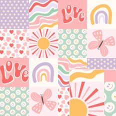 Retro Girly 70s Icons Patchwork Printable Pattern Background