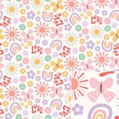 A Fun Girly Retro 70s Icons Rainbows, Flowers, Smiley Faces Background