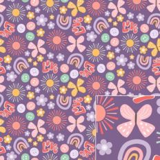 Fun 70s Icons Rainbows, Butterflies, Smiley Faces and Flowers Backgrou