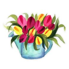 Watercolor Tulips Mother's Day Watercolor Flowers in Watering Can