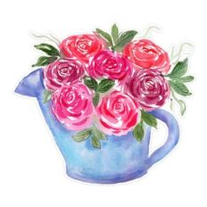 Watercolor Roses Floral Arrangement in Watering Can Print and Cut