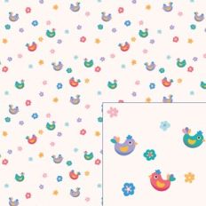 Cute Playful Birds and Flowers Pattern on White Creamy